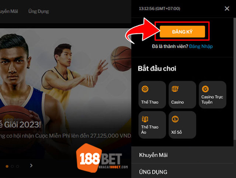 Click vào nút Đăng ký tại trang chủ 188BET