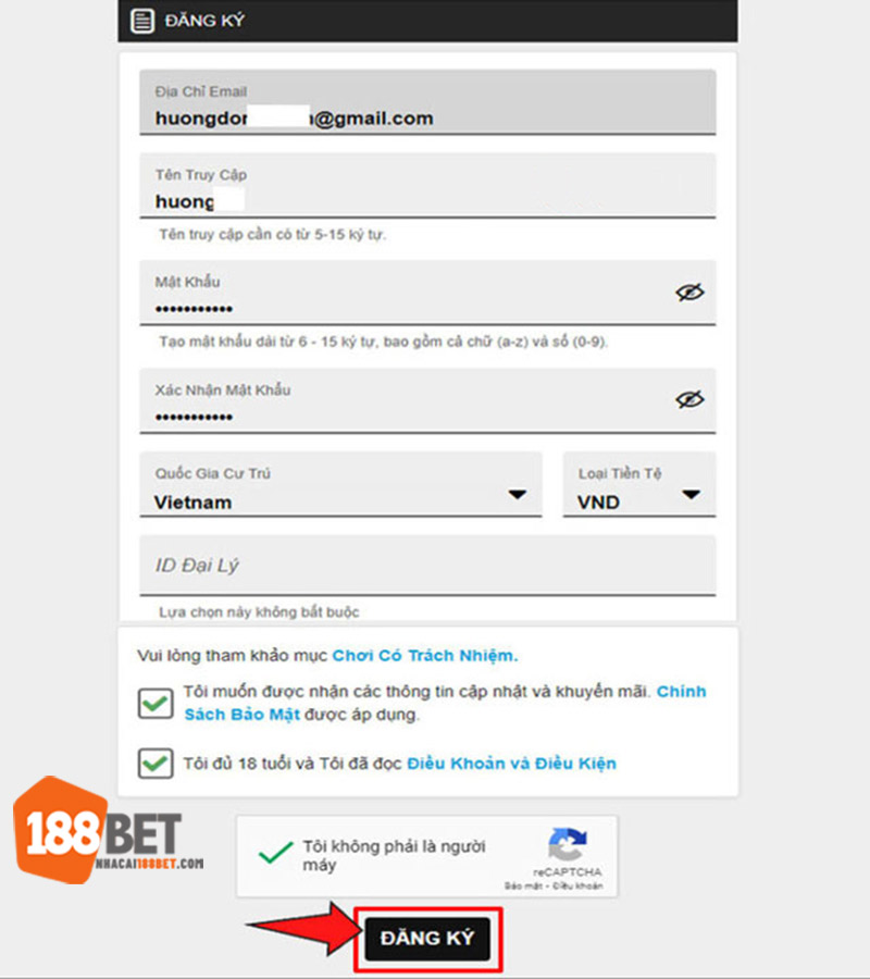Điền thông tin của bạn vào form đăng ký tài khoản 188 BET