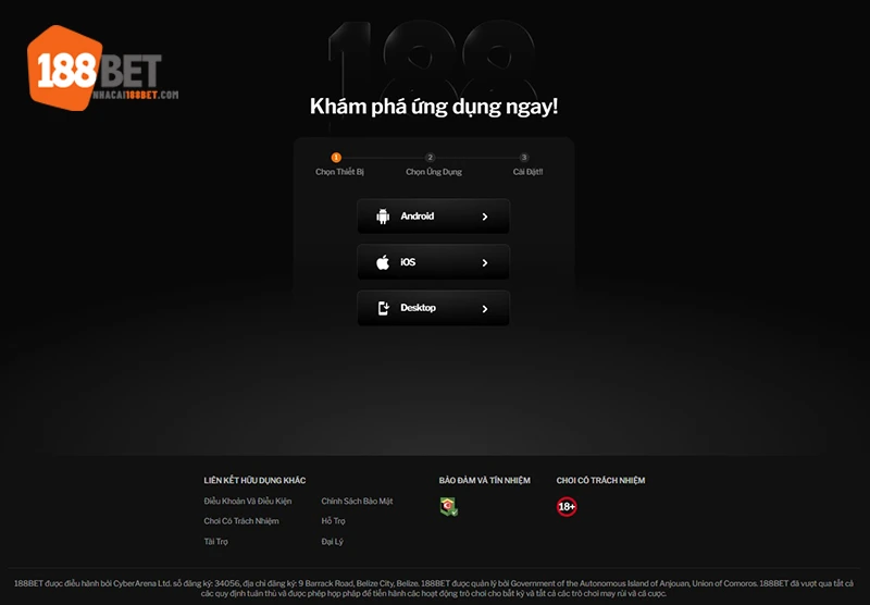 Giao diện tải app 188BET dành cho Android, iOS và Desktop
