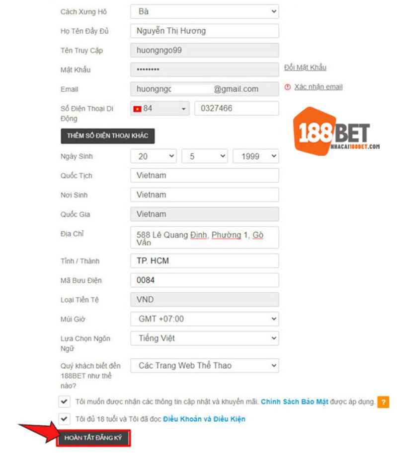 Hoàn tất cập nhật hồ sơ 188BET trên thiết bị di động